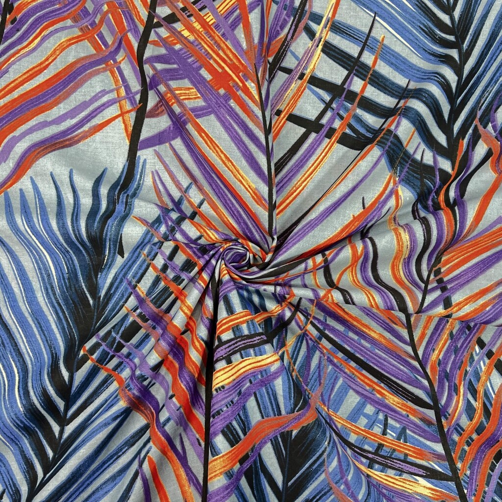 Cotton 100% orange-violet leaves on a grey background - 220 cm