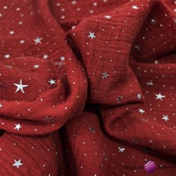 Muslin Double gauze cotton red brick (Chilli Oil) with silver stars