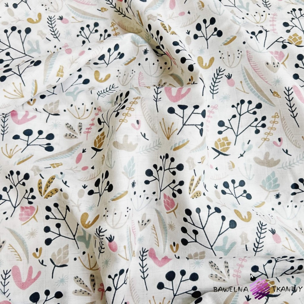 Cotton muslin fabric - Pastel bushes with rowan on a white background