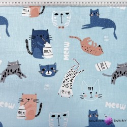 Cotton 100% navy blue-apricot cats on a blue background