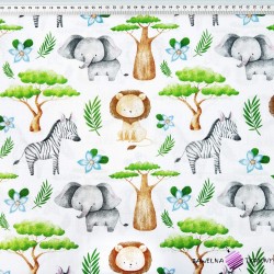 Cotton 100% African animals with baobab on white background