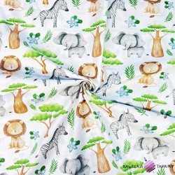 Cotton 100% African animals with baobab on white background