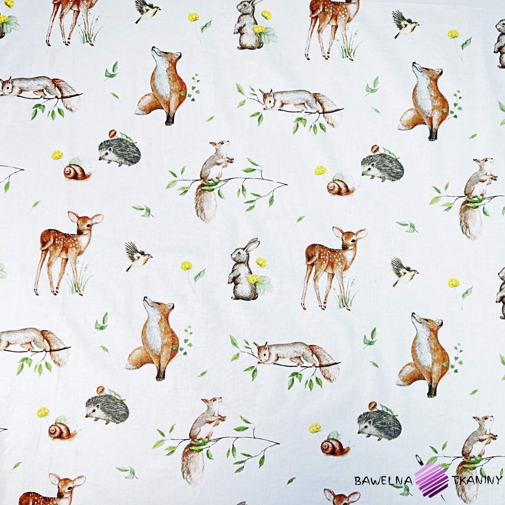 Cotton 100% deers, foxes and squirrels on a white background