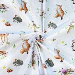 Cotton 100% deers, foxes and squirrels on a white background