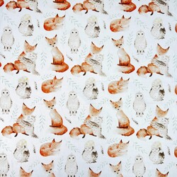 Cotton 100% owls with foxes on a white background