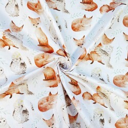 Cotton 100% owls with foxes on a white background