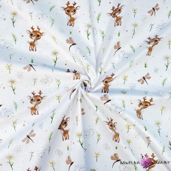 Cotton 100% reindeer with chamomiles on a white background