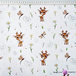 Cotton 100% reindeer with chamomiles on a white background