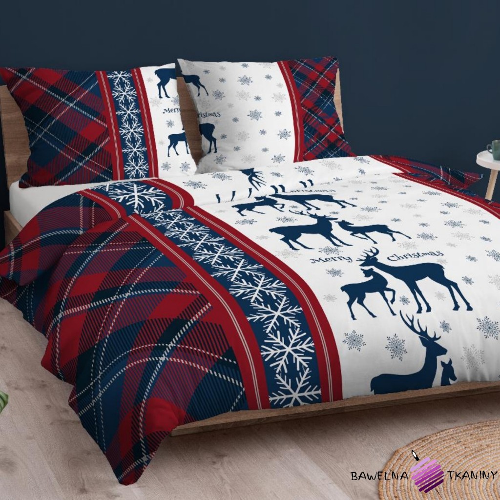 Unbrushed Flannel Christmas reindeer pattern with blue red plaid