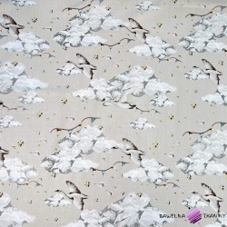 Cotton 100% geese birds in the clouds on a beige background