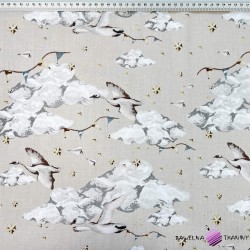 Cotton 100% geese birds in the clouds on a beige background