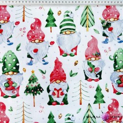 Cotton 100% Christmas pattern gnomes with Christmas trees on white background