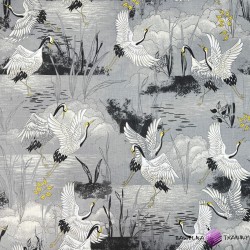 Cotton 100% crane birds on gray background