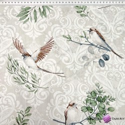 Cotton 100% brown swallow birds on a beige background