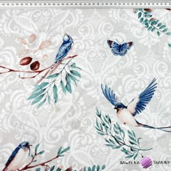 Cotton 100% blue swallow birds on gray background