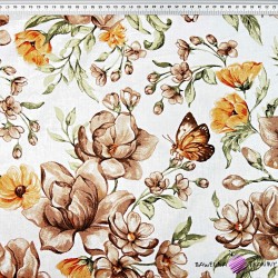 Cotton 100% brown-orange flowers on an white background