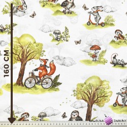 Cotton 100% foxes on bicycles on a white background