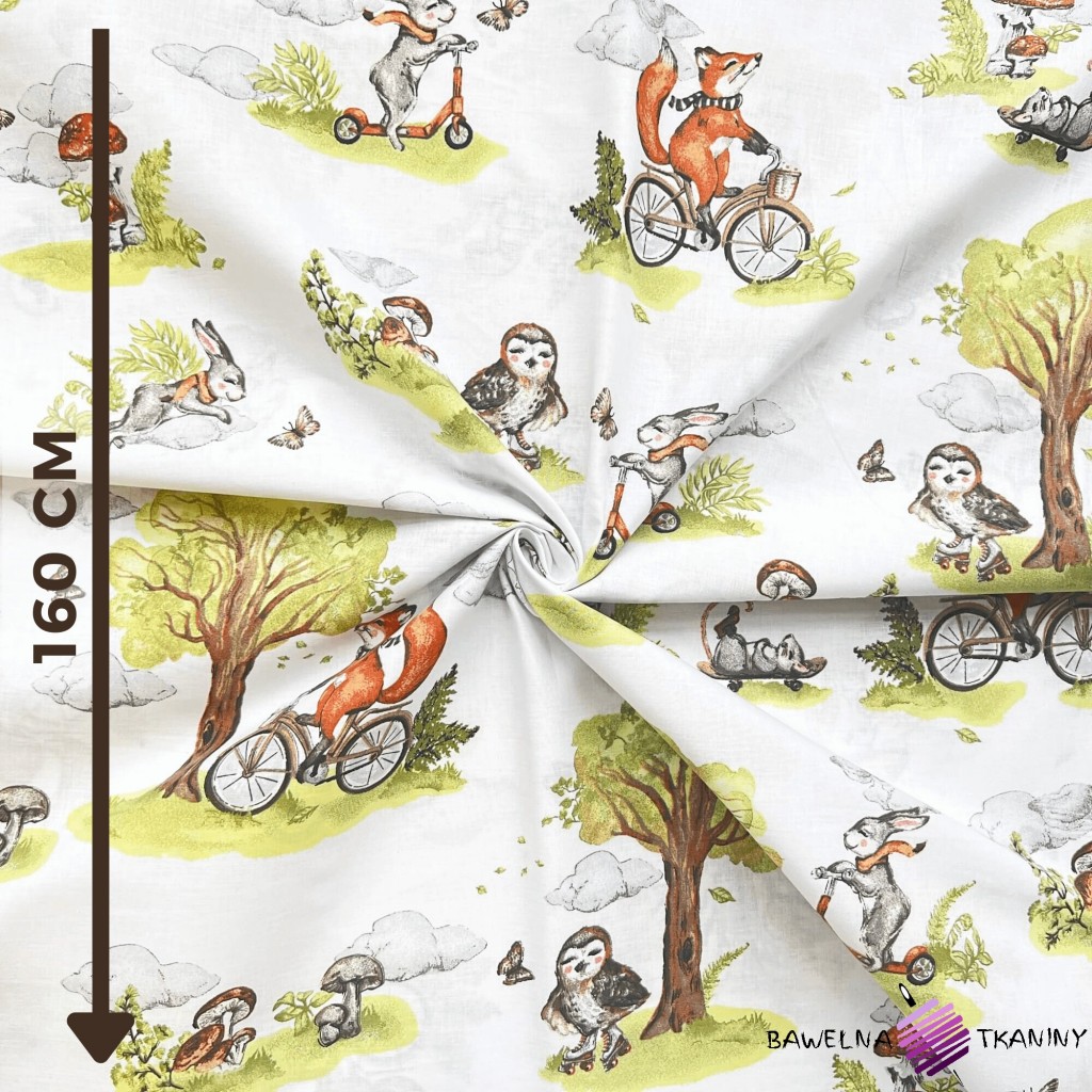 Cotton 100% foxes on bicycles on a white background