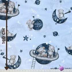 Cotton 100% teddy bears on planets on blue background