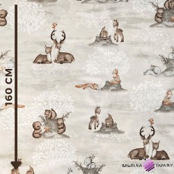 Cotton 100% animals in a forest clearing on a beige background