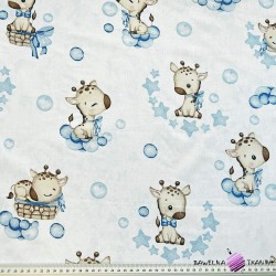 Cotton 100% beige baby giraffes on a white and blue background