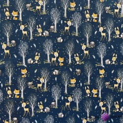 Cotton 100% deer and mini animals with trees on a navy blue background
