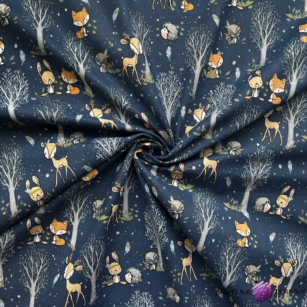 Cotton 100% deer and mini animals with trees on a navy blue background