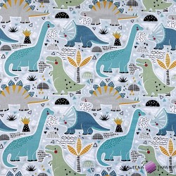 Cotton 100% big turquoise dinosaurs on a blue background