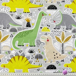 Cotton 100% big green dinosaurs on a gray background