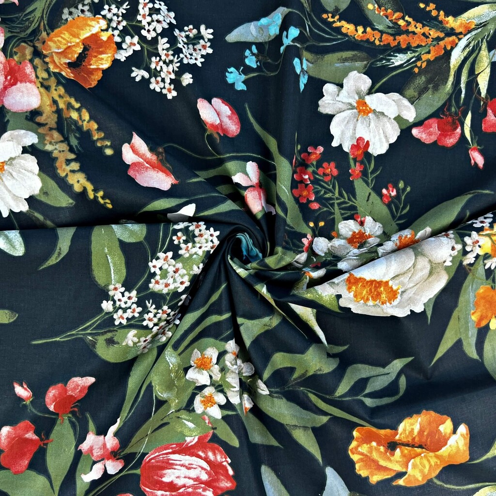 Cotton 100% flowers and orange poppies on a dark green background - 220 cm