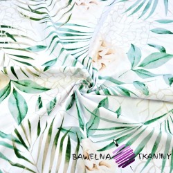 Bawełna 100% liście zielone z kwiatami ecru na białym tle - 220cm
