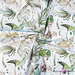Cotton 100% beige flamingos in olive leaves