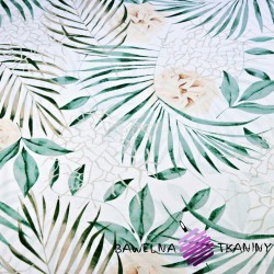 Tkanina bawełniana liście zielone z kwiatami ecru na białym tle - 220cm