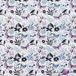 Cotton 100% butterflies with pink and purple flowers