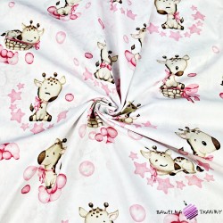 Cotton 100% baby pink giraffes on a white background