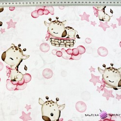 Cotton 100% baby pink giraffes on a white background