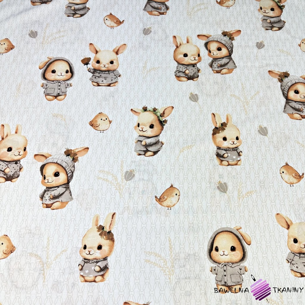 Cotton 100% beige bunnies with birds on a white background
