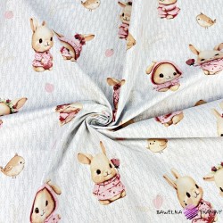 Cotton 100% pink bunnies with birds on a white background