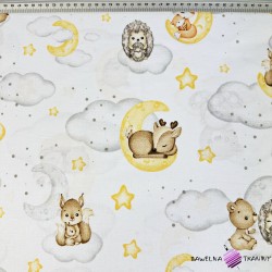Cotton 100% animals on yellow moons and clouds on a white background