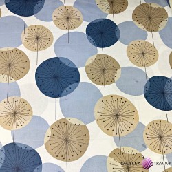 Cotton 100% beige and navy blue dandelions on a white background