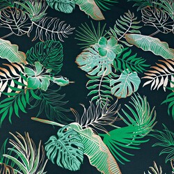 Cotton 100% monstera and banana leaves with flowers on a green background