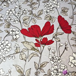 Cotton 100% large red flowers with ecru flowers on a gray background