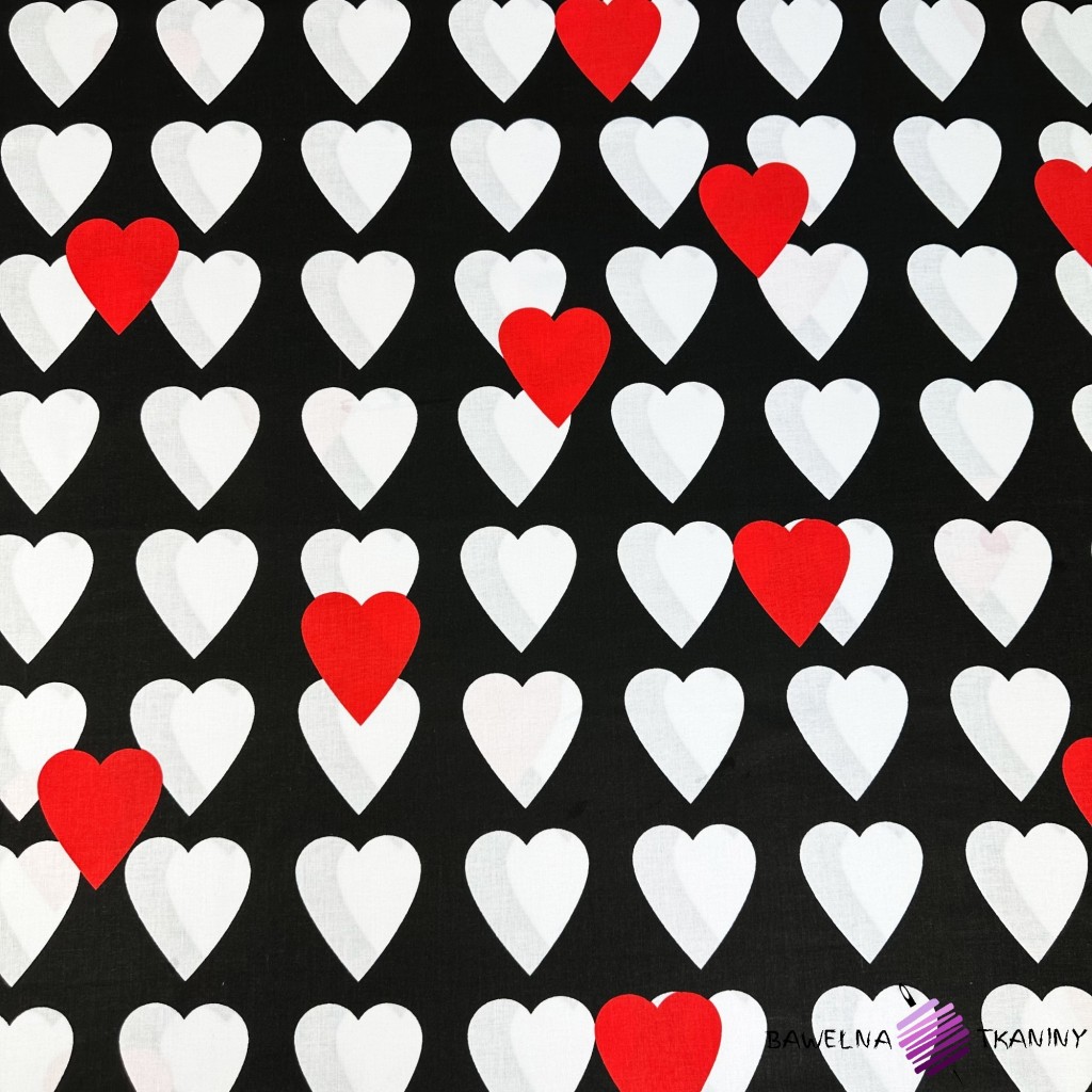 Cotton large red and white hearts on a black background