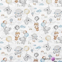 Cotton 100% animals with blue and beige balloons on a white background