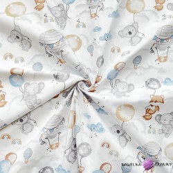 Cotton 100% animals with blue and beige balloons on a white background