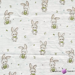 Double gauze muslin printed with plush rabbits on white background