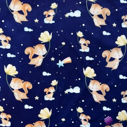 Cotton 100% squirrels with flowers on a navy blue background