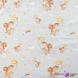 Cotton 100% squirrels with flowers on a beige background