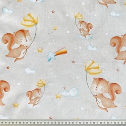 Cotton 100% squirrels with flowers on a beige background