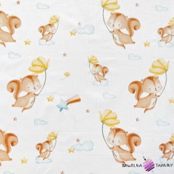 Cotton 100% squirrels with flowers on a white background